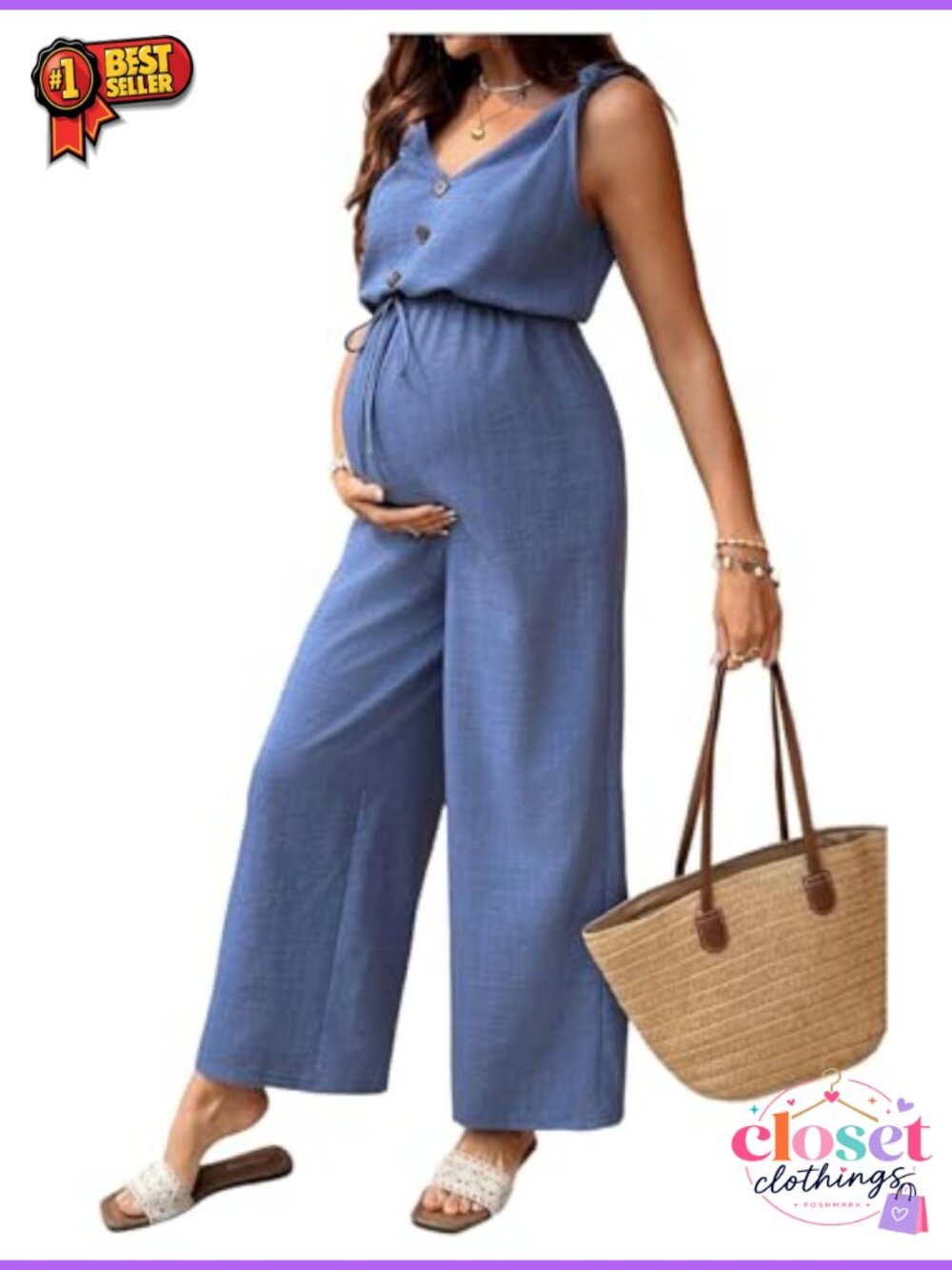 Maternity Jumpsuit Wide Leg Drawstring Button V Neck Sleeveless Romper